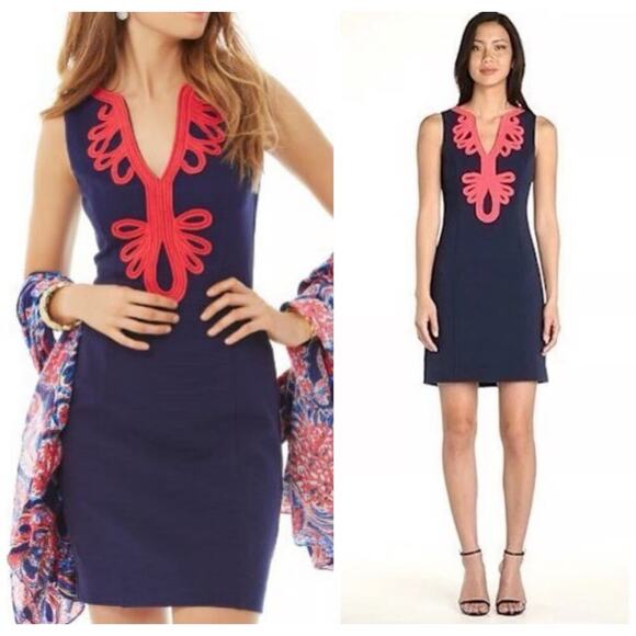 Lilly Pulitzer Sheath Dress XS 0 Navy Coral Sleeveless Embroidered Stretch Knee - Picture 2 of 12